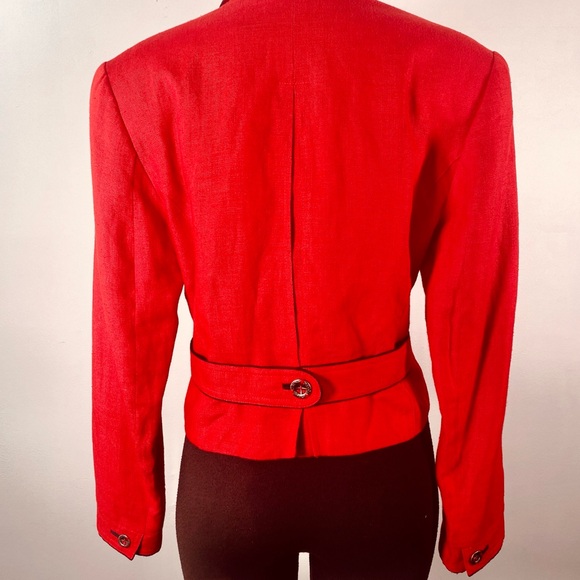 VINTAGE Austrian TYROL Dirndl Red Linen JACKET DB Military Style Silver Btns M - Picture 6 of 13